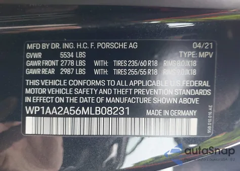 2021 Porsche Macan из США, поврежденный, VIN WP1AA2A56MLB08231